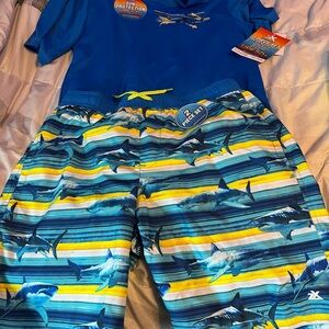 ZeroXposur Boys Blue Yellow Shark Stripe Rashguard Swim Set